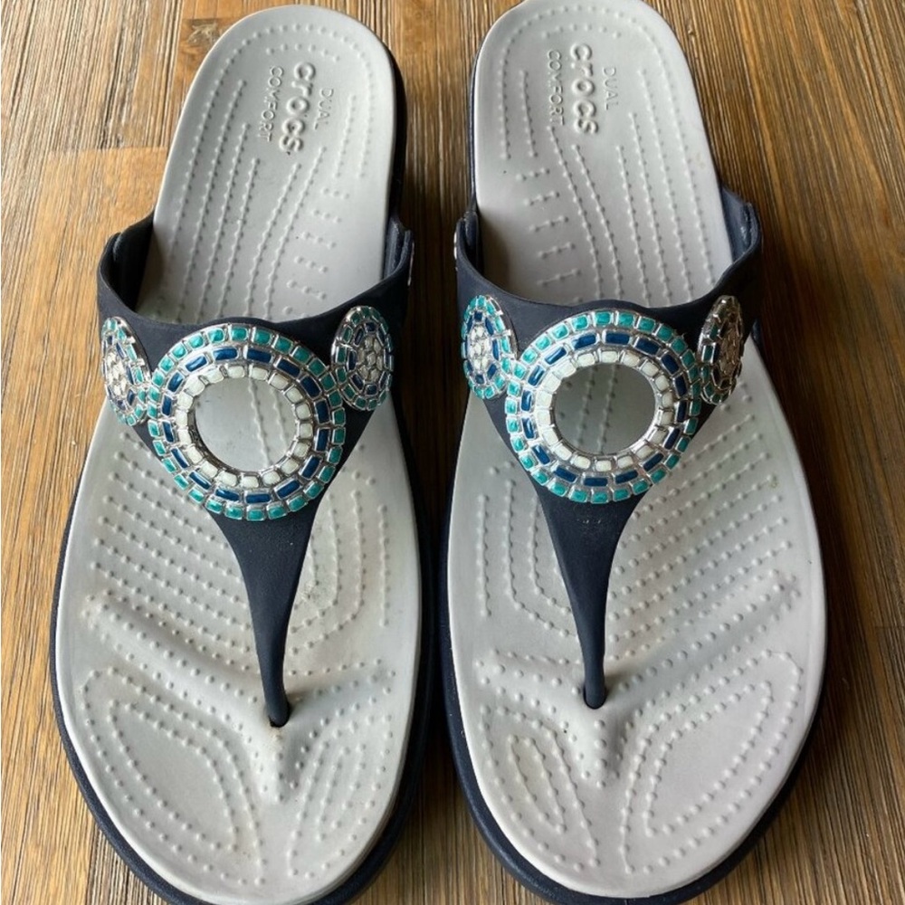 CROCS Sarha Diamanté Summer Sandals, 11 Wide, Black & Teal Embellishment